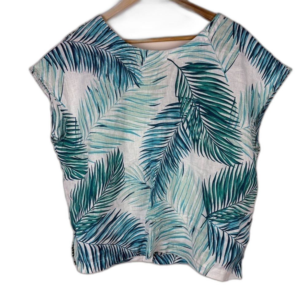 Tahari 100% Linen Short Sleeve Blouse Tropical Botanical Women's Size XL